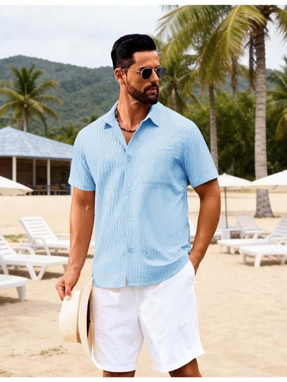 Men's Sky Blue Short Sleeve Casual Textured Polyester Button Down Shirts - Picture 2 of 6